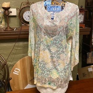 JM Collection paisley knit top with sheer sleeves